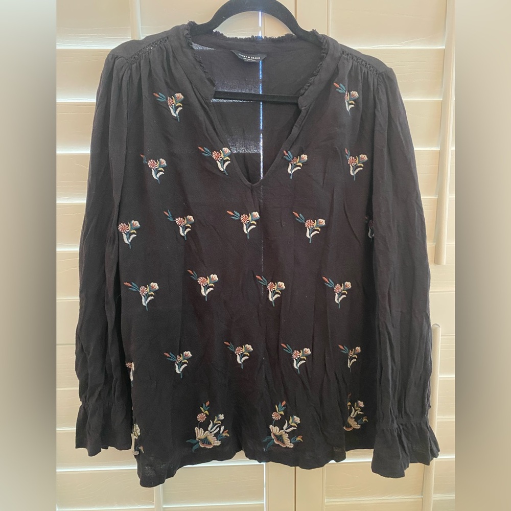Lucky Brand Embroidered V-Neck Long Sleeve Peasant Top Size Large